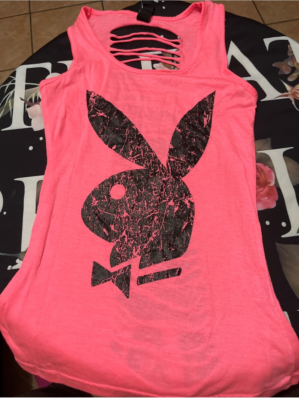PLAYBOY Hot Pink Tank with Distressed Black Bunny Graphic
